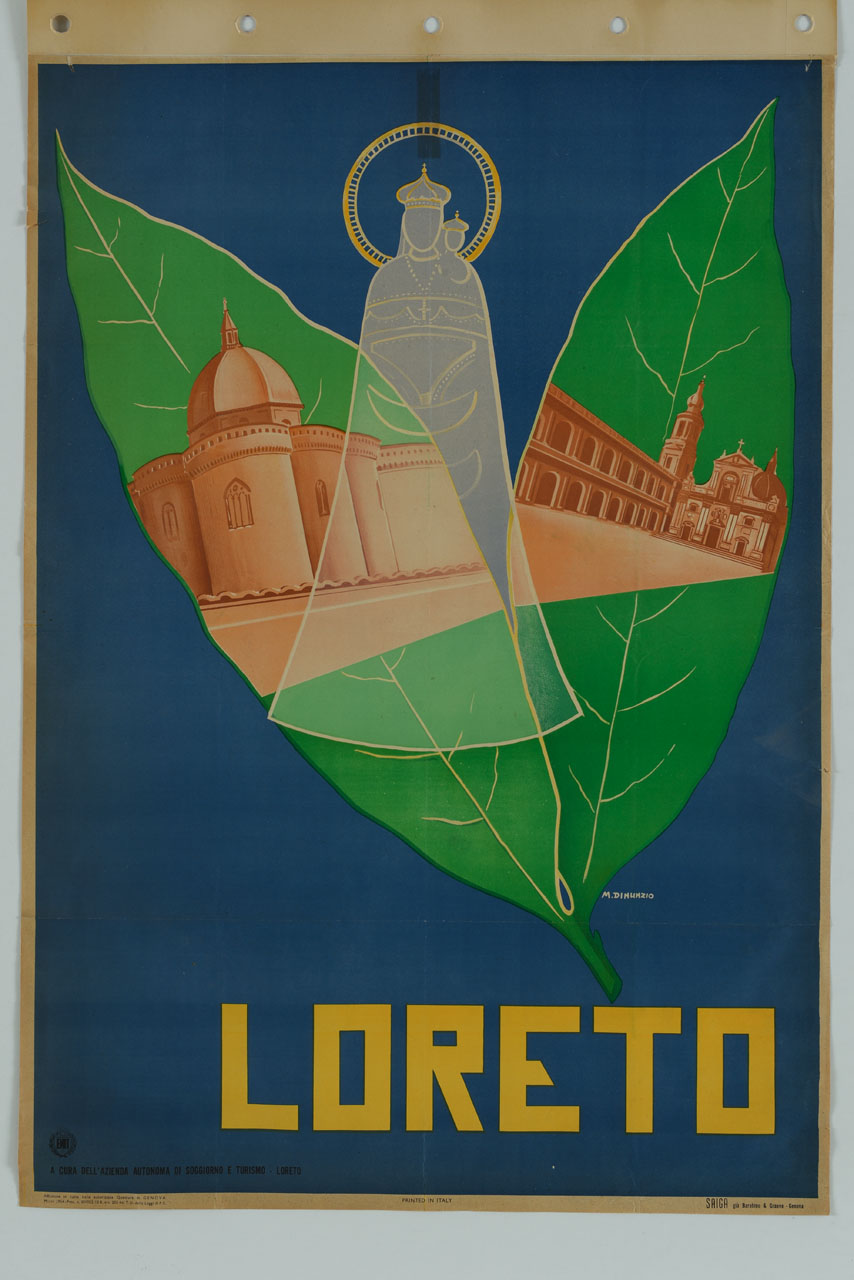 Madonna di Loreto sullo sfondo di foglie con il Santuario di Loreto (manifesto) di Dinunzio M (sec. XX)