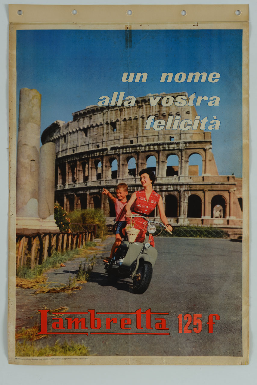 mamma con bambino in Lambretta sullo sfodo del Colosseo (manifesto) - ambito italiano (sec. XX)