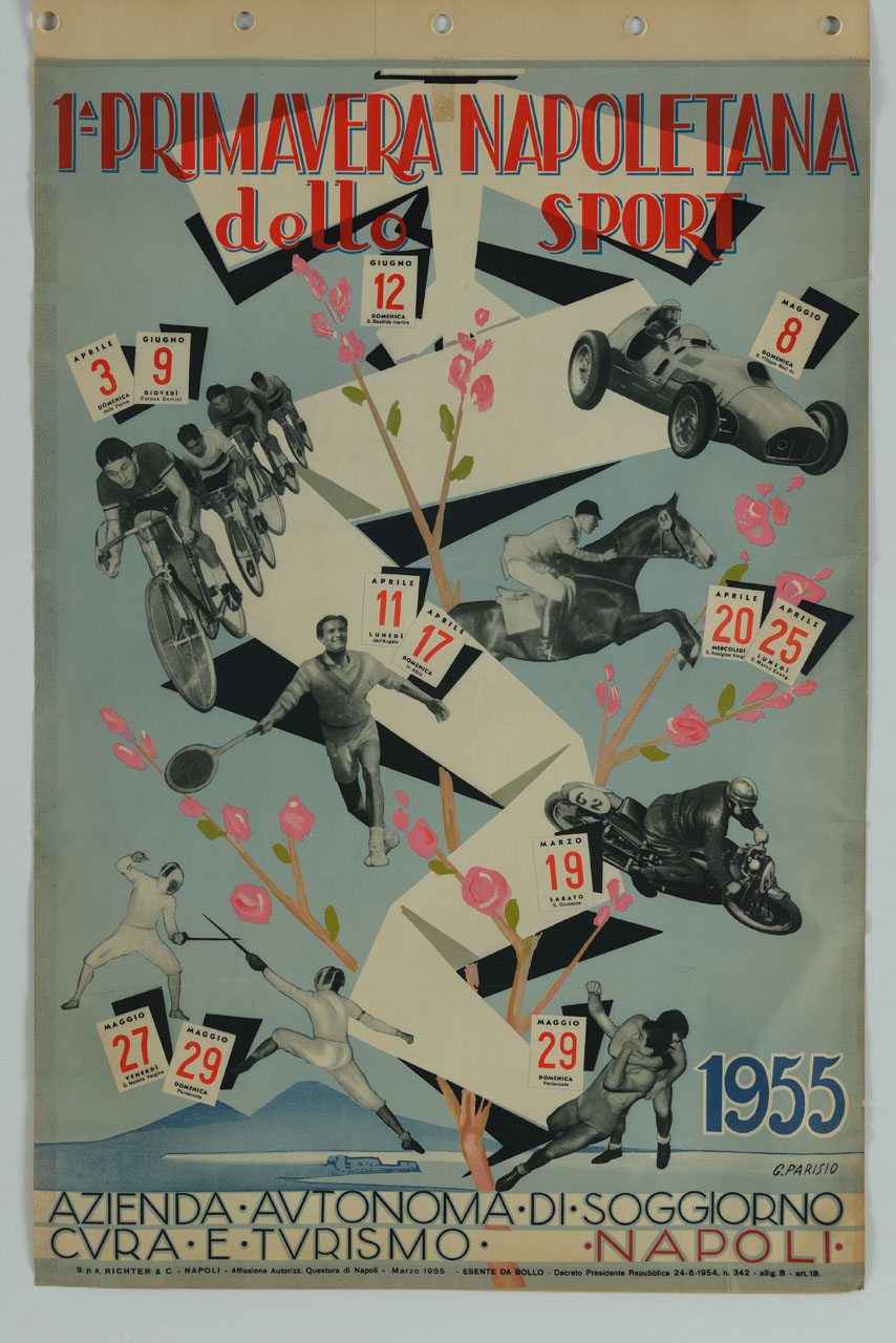 fogli di calendario con immagini raffiguranti discipline sportive tra ramo di pesco e nastro stilizzato sullo sfondo del golfo di Napoli (manifesto) di Parisio Giulio (sec. XX)
