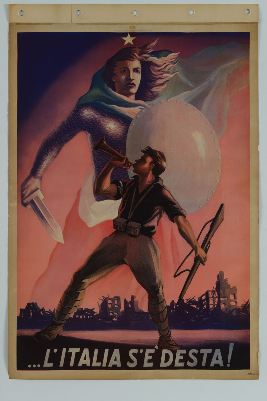 soldato con fucile suona la tromba sullo sfondo di una città bombardata e dell'Italia armata avvolta nel tricolore (manifesto) - ambito italiano (sec. XX)