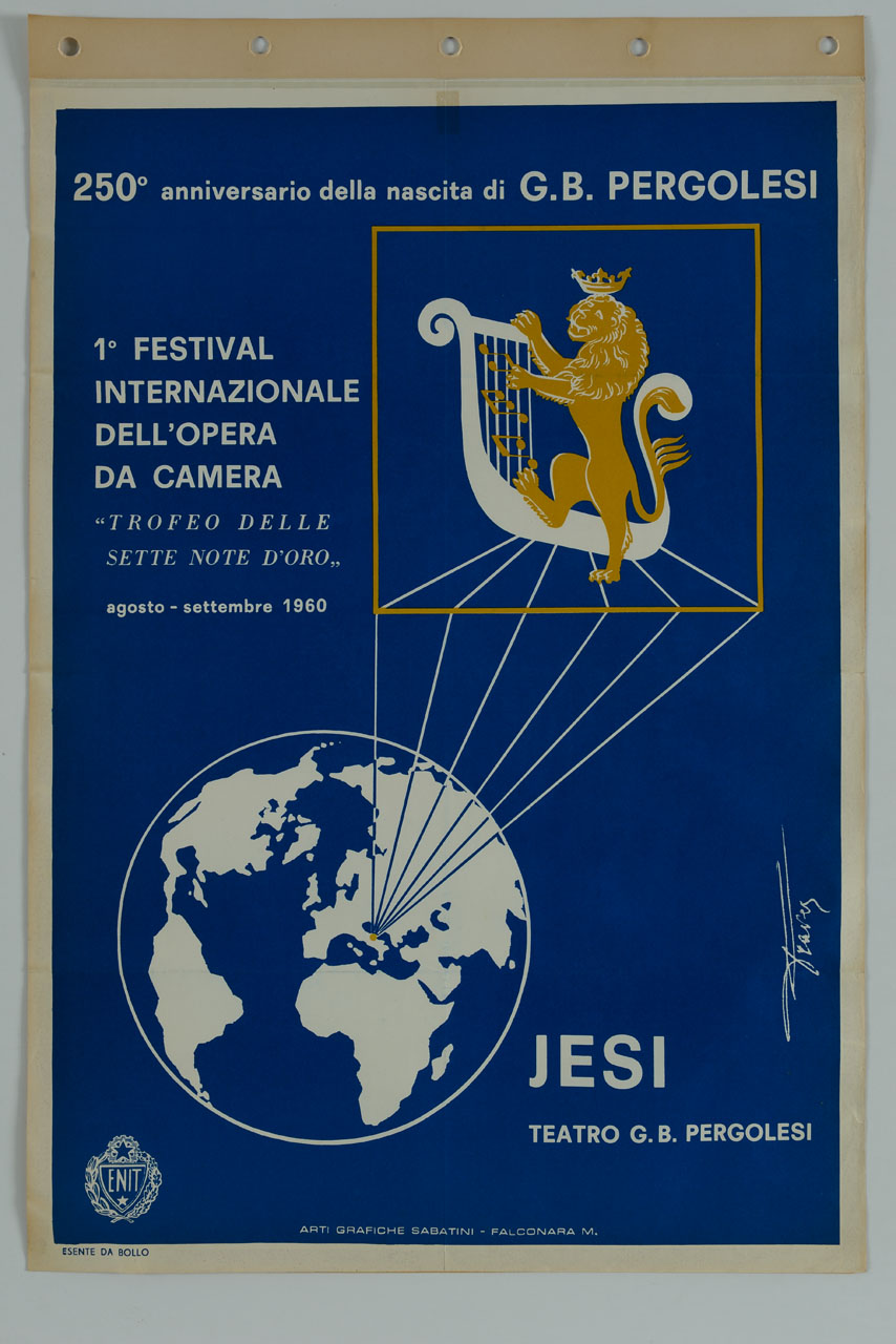 globo terrestre e leone di Jesi che suona la lira (manifesto) di Traves (sec. XX)