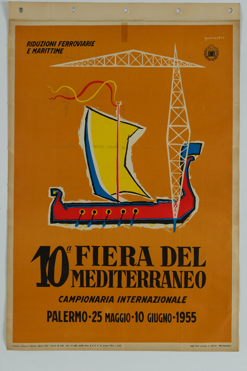 imbarcazione a vela e tralicci (manifesto) di Giesse (sec. XX)