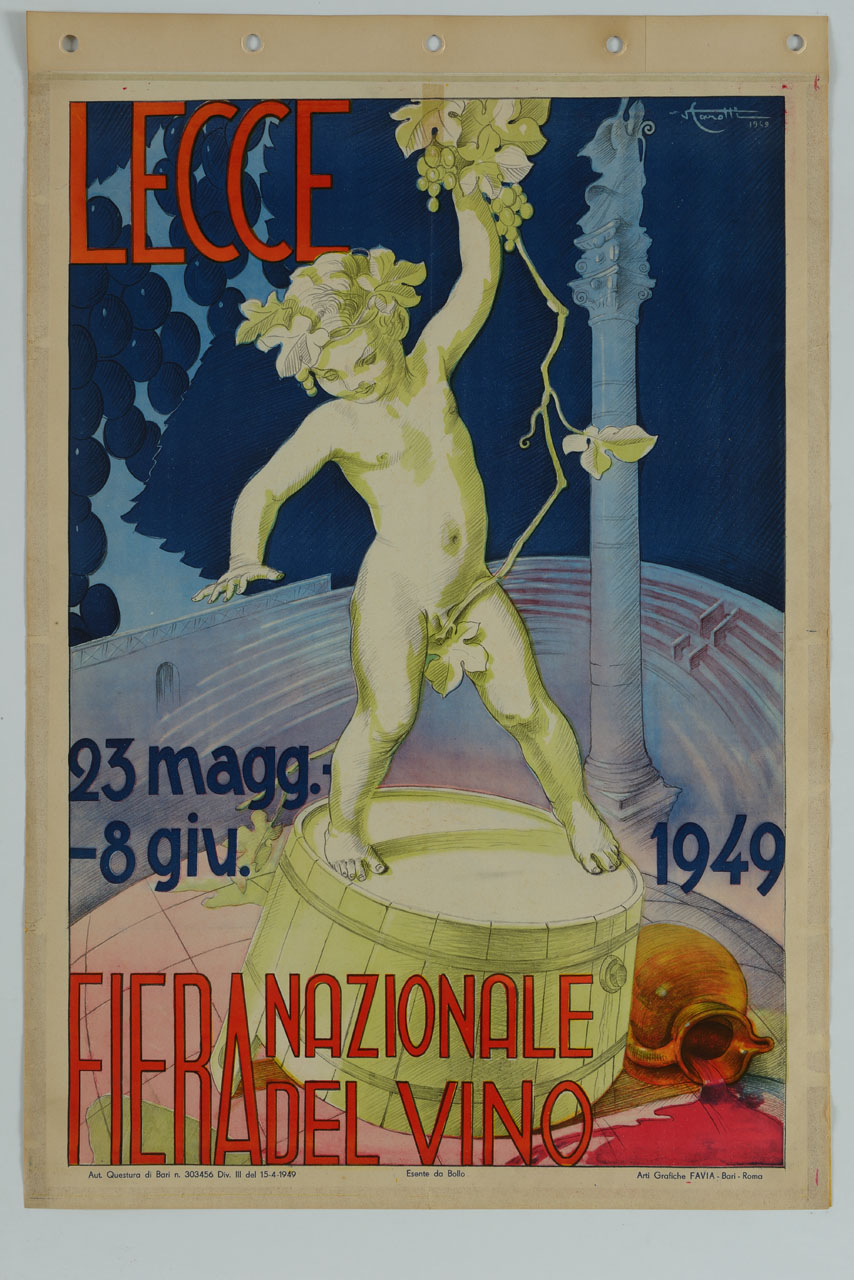 Bacco bambino in piedi su un tino aggrappato a un tralcio di vite e brocca di vino versato su globo terrestre sullo sfondo dell'Anfiteatro romano di Lecce (manifesto) di Carotti Virgilio (sec. XX)