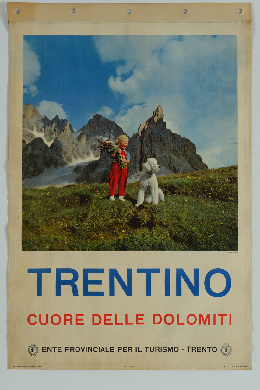 bambina con mazzo di fiori e cane sullo sfondo delle Dolomiti (manifesto) di Altissimo G - ambito italiano (sec. XX)