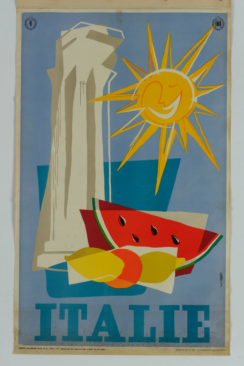 natura morta di frutta con colonne e sole raggiato (manifesto) di Belli Domenico, Studio Orsa (sec. XX)