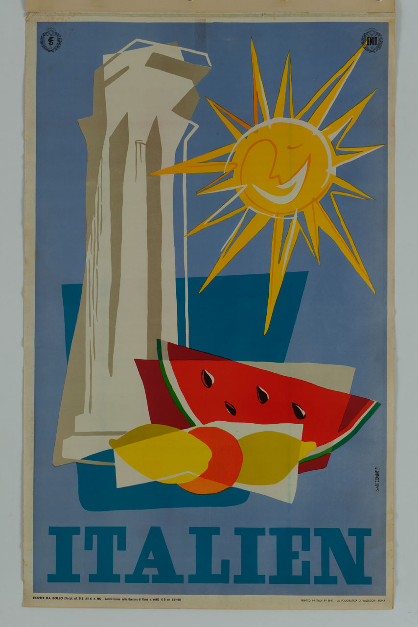 natura morta di frutta con colonne e sole raggiato (manifesto) di Belli Domenico, Studio Orsa (sec. XX)