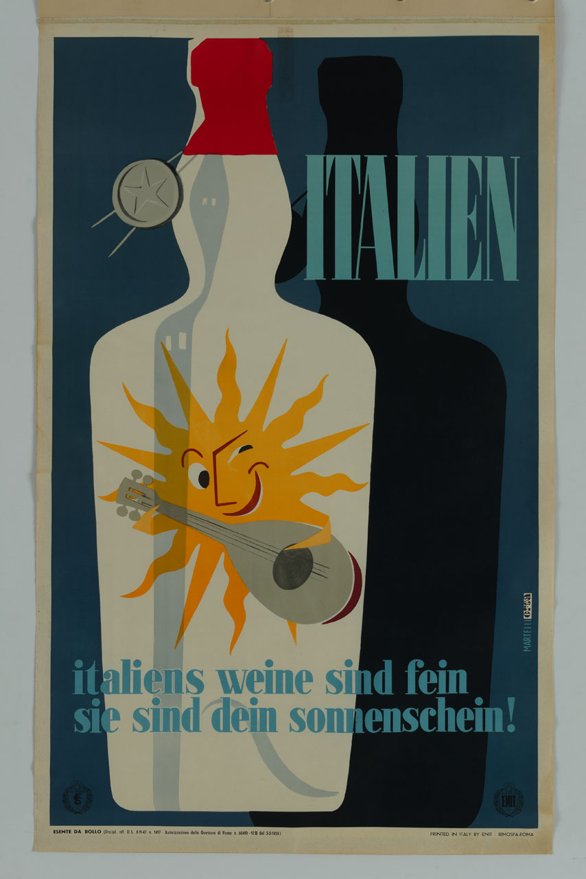 bottiglia con sole raggiato che suona il mandolino proietta la sua ombra sullo sfondo (manifesto) di Martelli Alessandro, Studio Orsa (sec. XX)