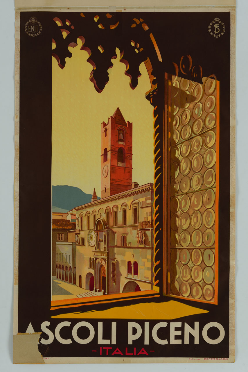 finestra aperta su Palazzo dei Capitani del Popolo di Ascoli Piceno (manifesto) - ambito italiano (sec. XX)