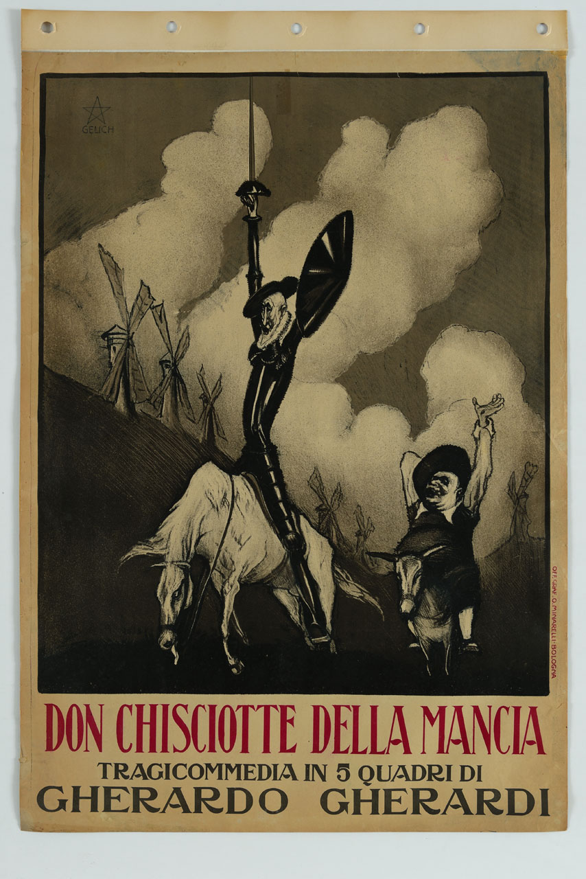 Don Chisciotte e Sancio Panza sullo sfondo di mulini a vento (manifesto) di Gelich - ambito italiano (sec. XX)