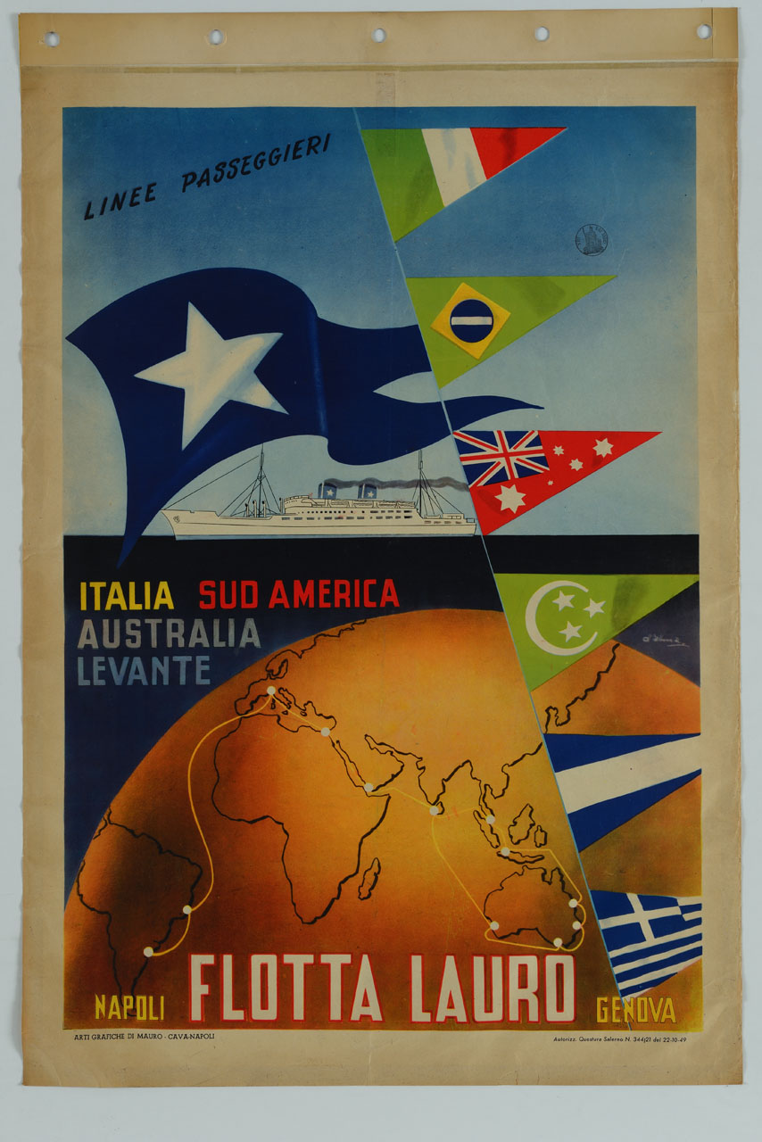 globo terreste con bandiere sullo sfondo di un transatlantico (manifesto) di D'Alma R - ambito italiano (sec. XX)