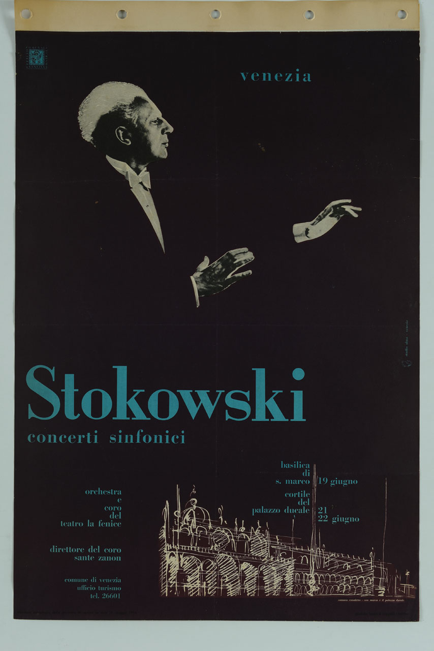 Lepold Stokowski e disegno con la Basilica di San Marco e il Palazzo Ducale di Venezia di Canaletto (manifesto) di Studio Alma (sec. XX)