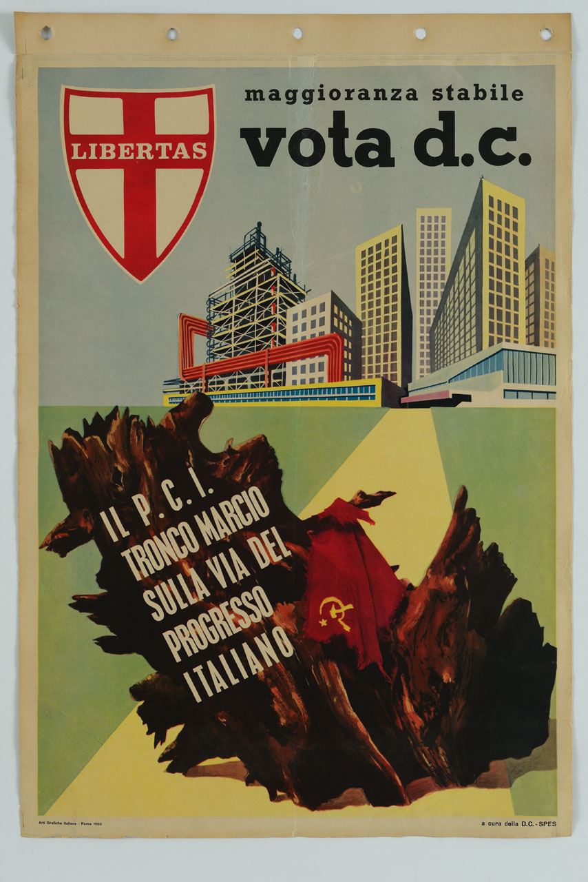 tronco d'albero con edifici e stabilimento industriale sullo sfondo (manifesto) - ambito italiano (sec. XX)