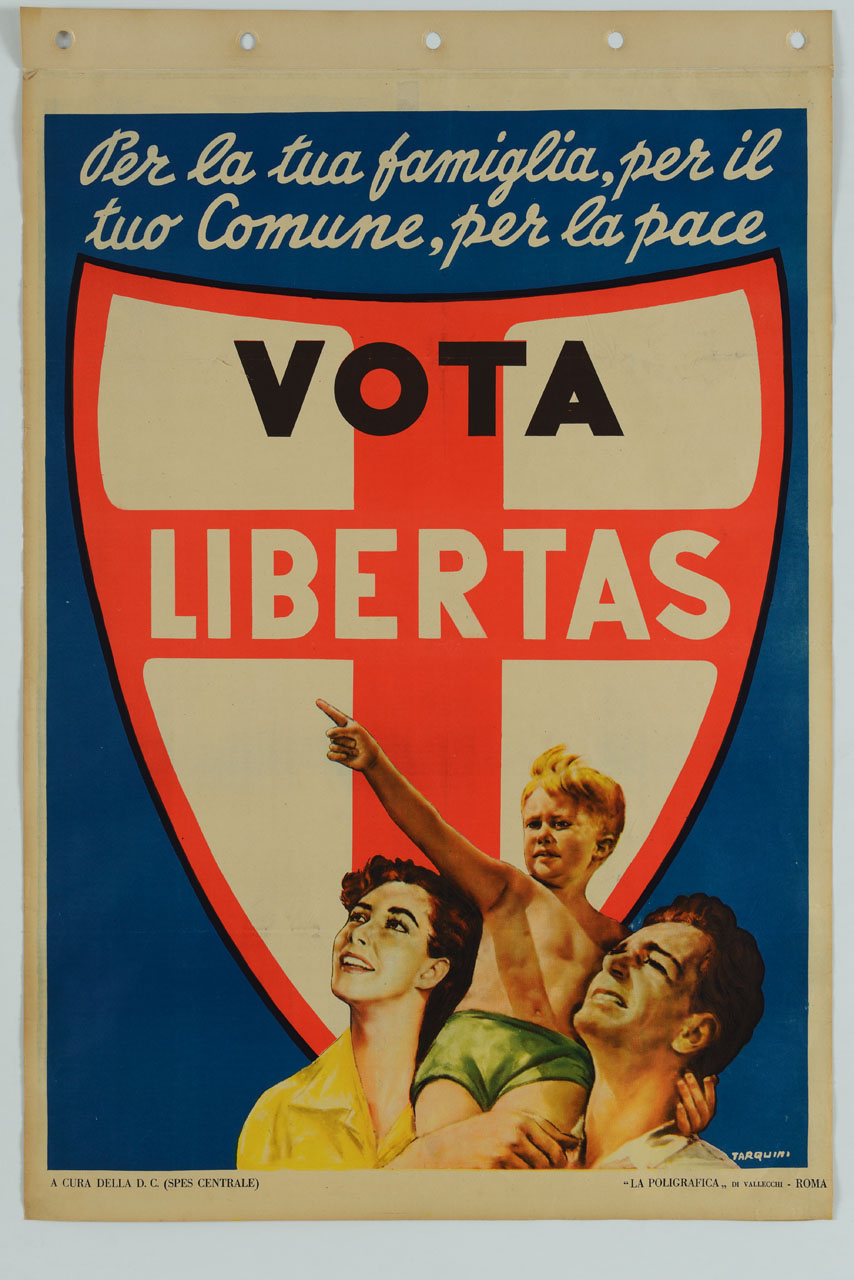 figura maschile sorregge sulle spalle un bambino, accanto una donna (manifesto) di Tarquini Glauco (sec. XX)