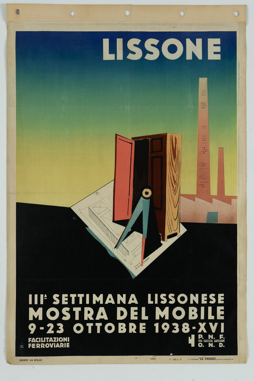 compasso, armadio, foglio con progetto e impianto industriale (manifesto) - ambito italiano (sec. XX)