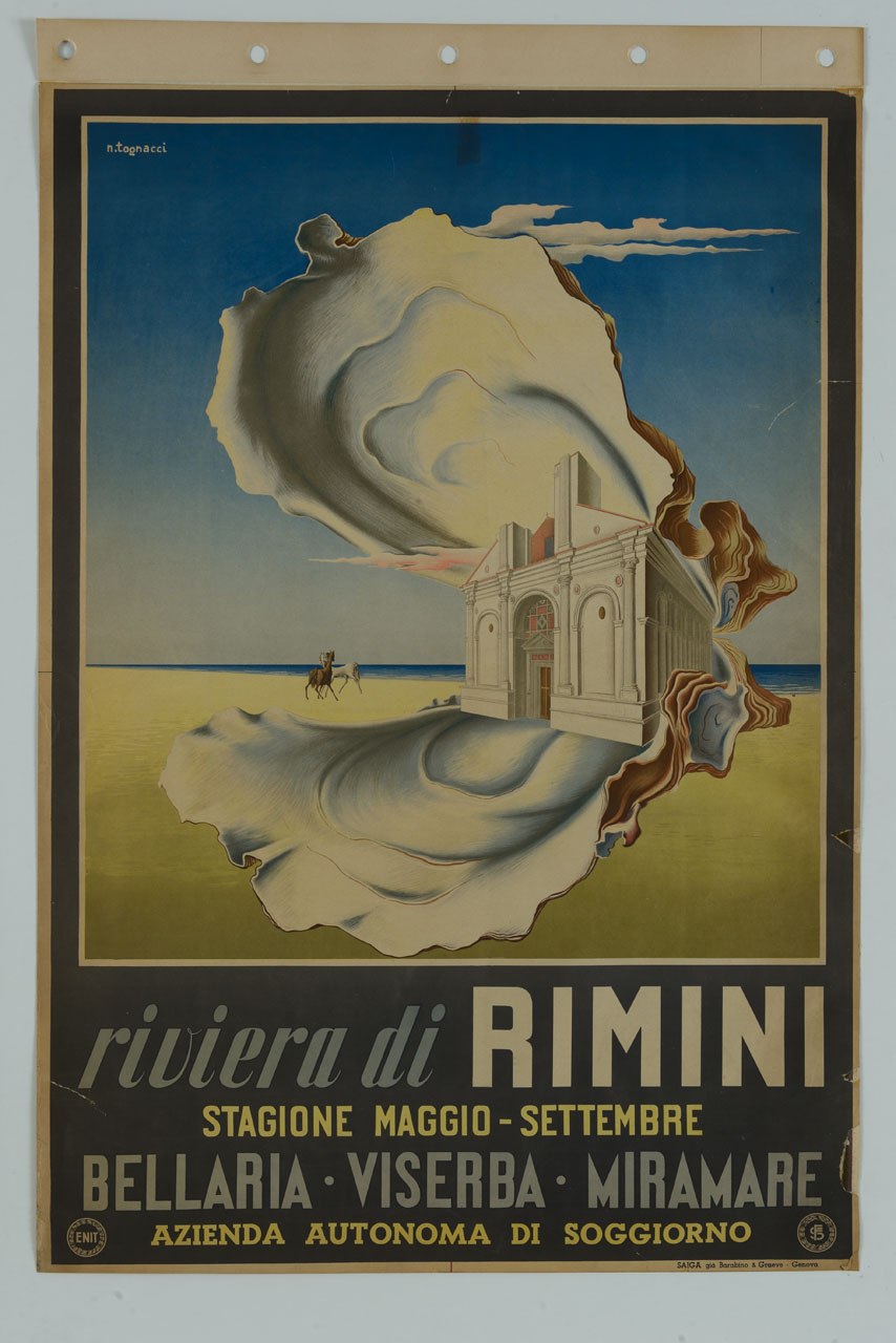 Tempio Malatestiano di Rimini dentro conchiglia su spiaggia (manifesto) di Tognacci Nazzareno (sec. XX)