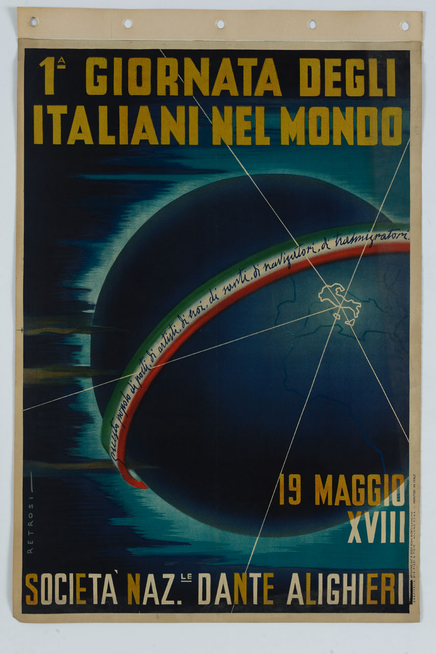 globo terrestre cinto da nastro tricolore (manifesto) di Retrosi Virgilio (sec. XX)