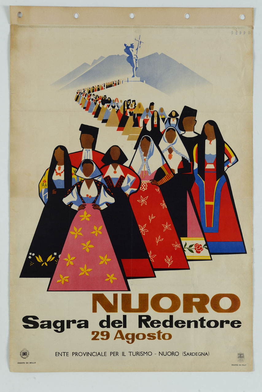 donne e uomini in abito tradizionale sardo scendono dal Monte Ortobene (manifesto) di Puppo Mario (sec. XX)
