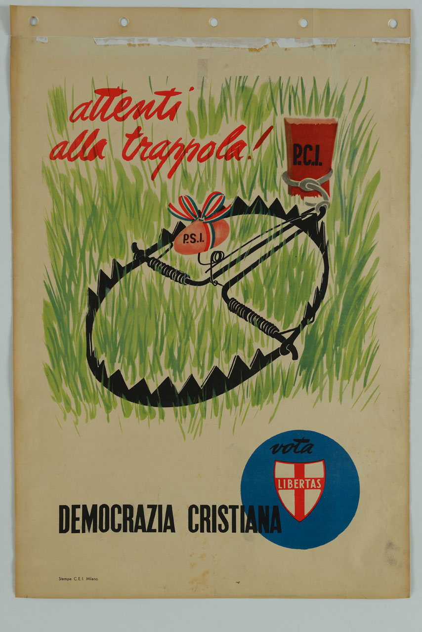 tagliola aperta su un prato con uovo infiocchettato come esca e sigle politiche (manifesto) - ambito italiano (sec. XX)