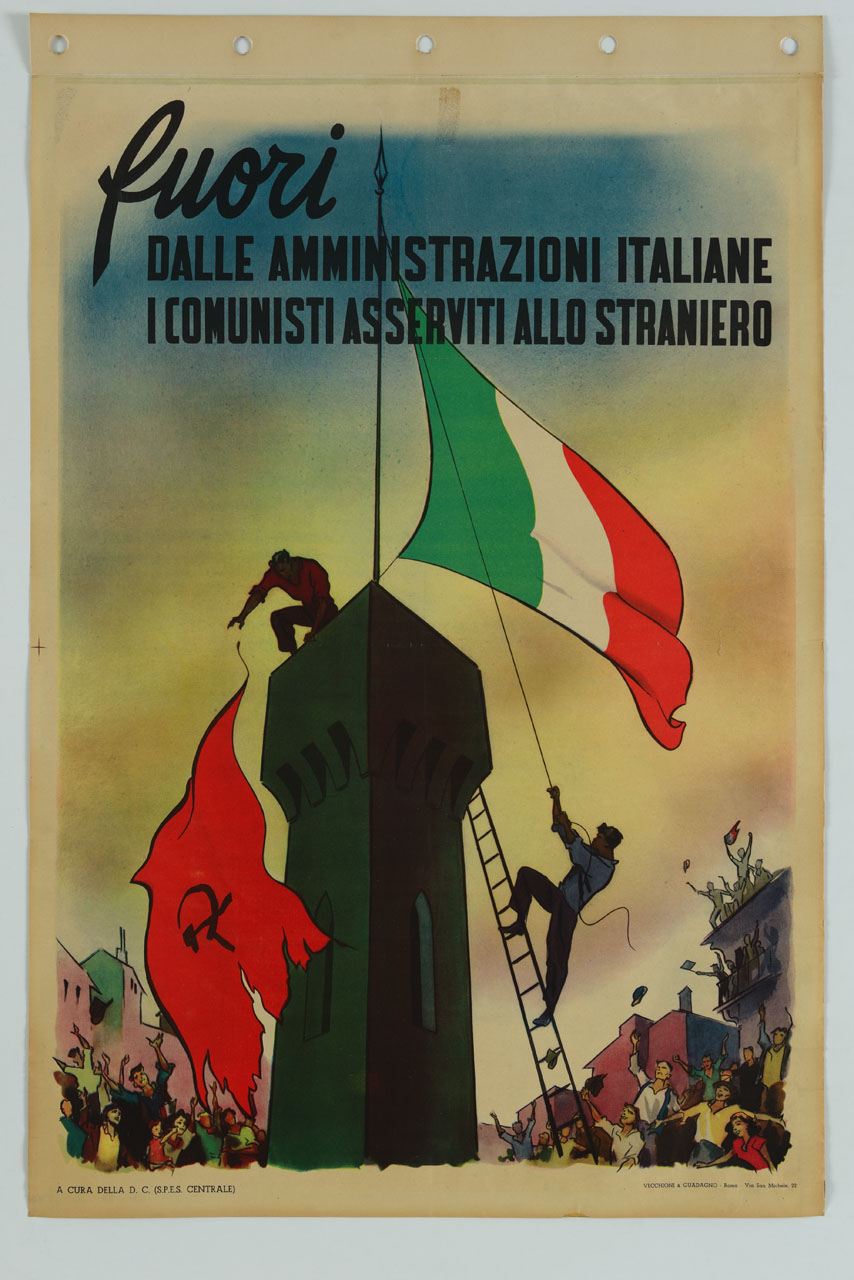 figure maschili su una torre sostituiscono la bandiera del partito Comunista con la bandiera italiana (manifesto) - ambito italiano (sec. XX)