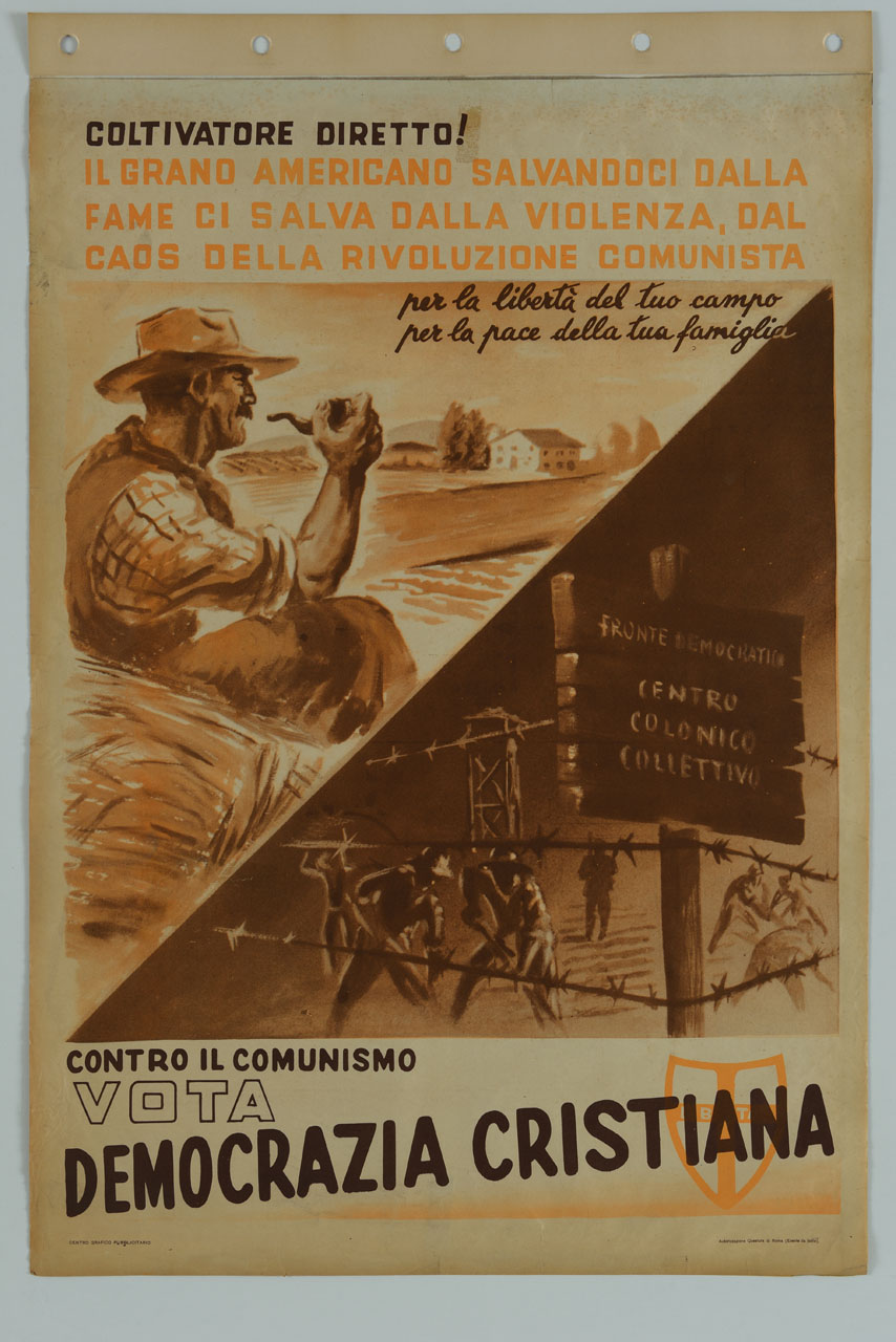 contadino che fuma la pipa davanti al podere e lavoratori nei campi forzati (manifesto) - ambito italiano (sec. XX)