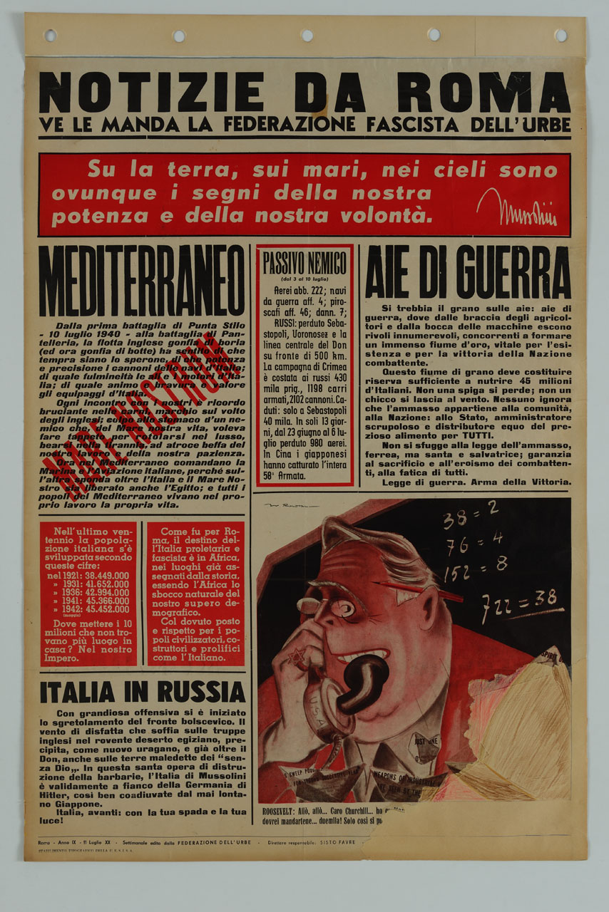 giornale murale con vignetta satirica raffigurante Franklin Roosevelt (manifesto) di Roveroni Walter - ambito italiano (sec. XX)