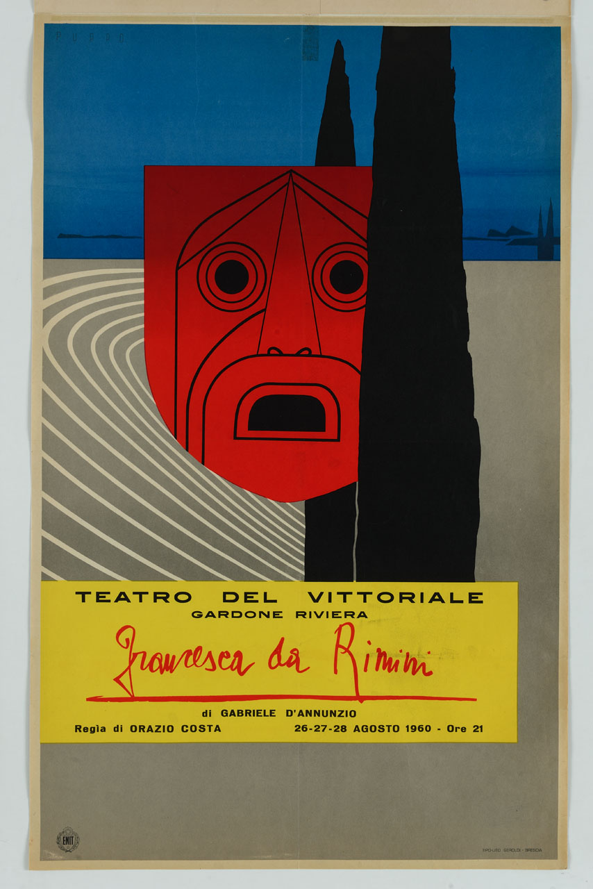 maschera teatrale e cipressi con anfiteatro stilizzato e paesaggio lacustre (manifesto) di Puppo Mario (sec. XX)
