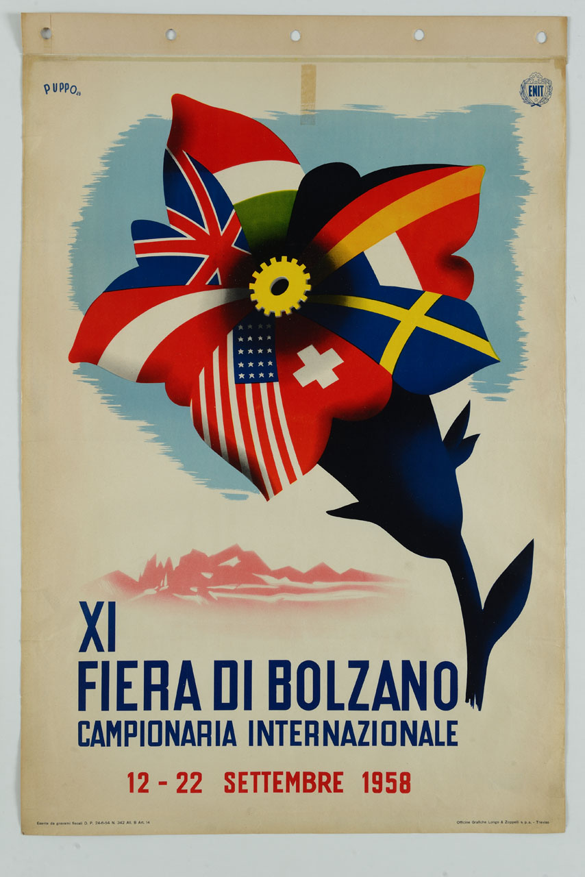 genziana con petali composti da bandiere internazionali e montagne (manifesto) di Puppo Mario (sec. XX)