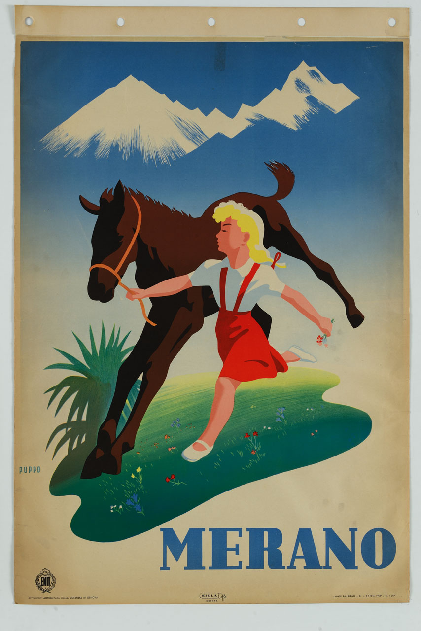 bambina con pony su prato (manifesto) di Puppo Mario (sec. XX)