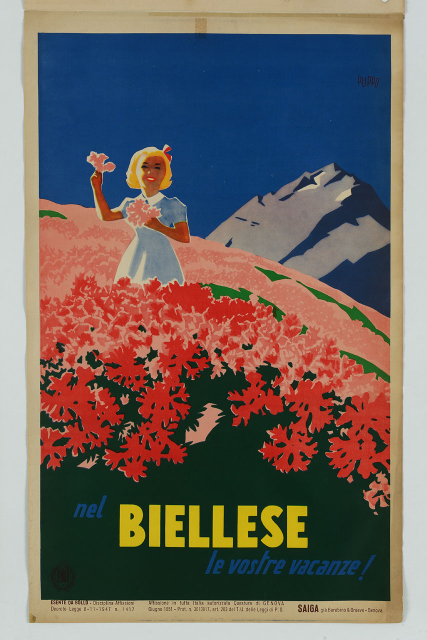 paesaggio di montagna con bambina e prato fiorito (manifesto) di Puppo Mario (sec. XX)