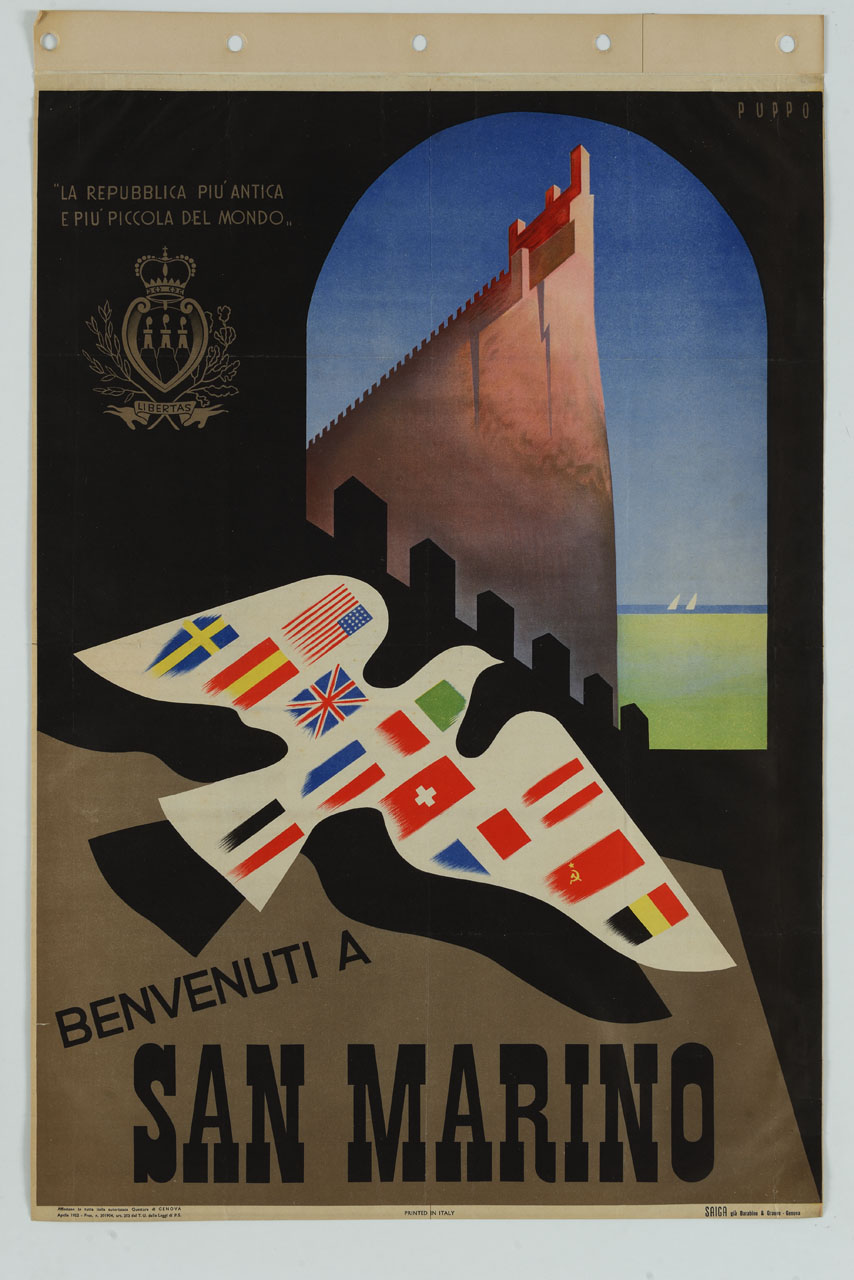 mura di San Marino e sagoma di colomba con bandiere internazionali (manifesto) di Puppo Mario (sec. XX)