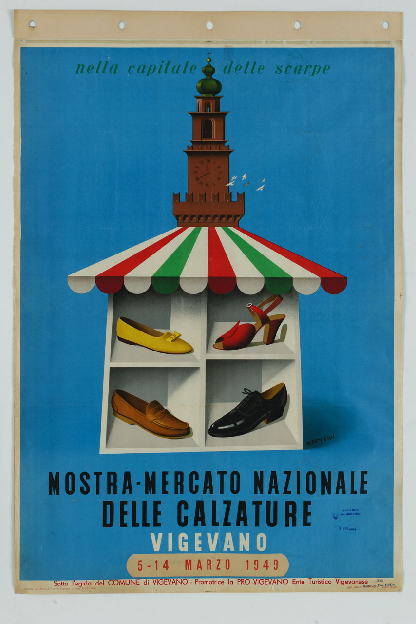gazebo con scarpe e Torre del Bramante di Vigevano (manifesto) di Rossetti Gian Carlo (sec. XX)