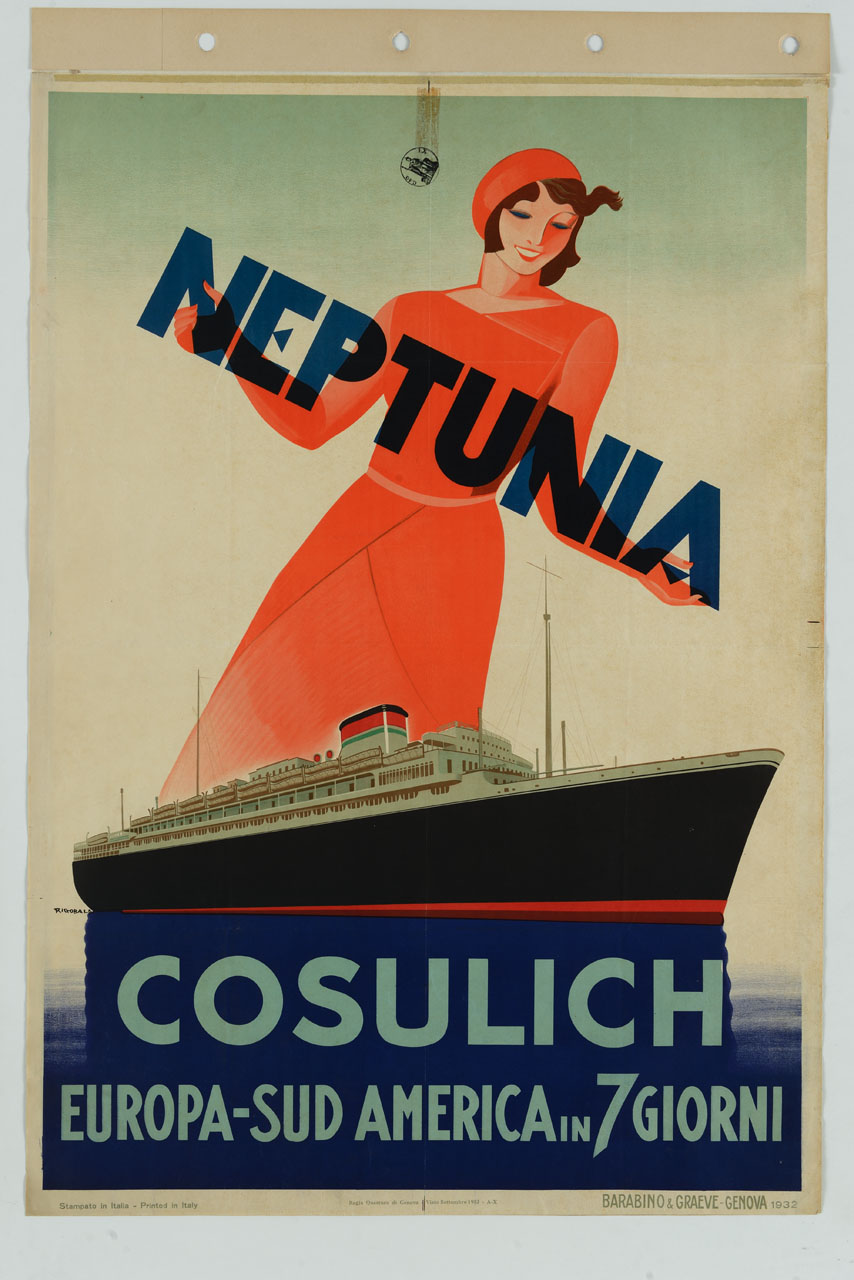 figura femminile sorreggente scritta e transatlantico (manifesto) di Riccobaldi Del Bava Giuseppe (sec. XX)