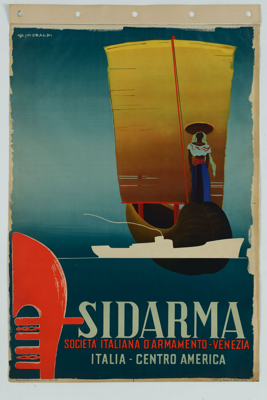 figura femminile su imbarcazione e sagoma di transatlantico (manifesto) di Riccobaldi Del Bava Giuseppe (sec. XX)