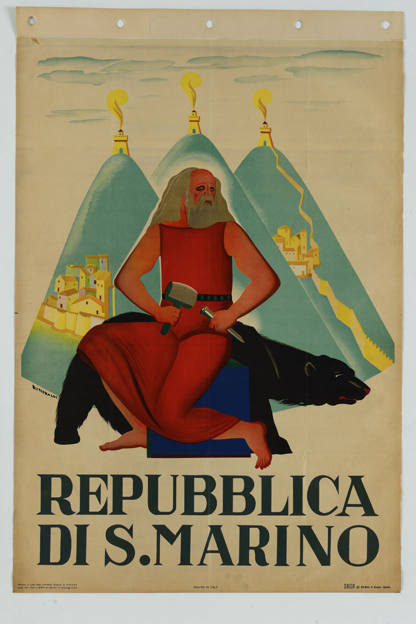 San Marino scalpellino con l'orso e Monte Titano con le rocche Cesta, Guaita e Montale (manifesto) di Riccobaldi Del Bava Giuseppe (sec. XX)