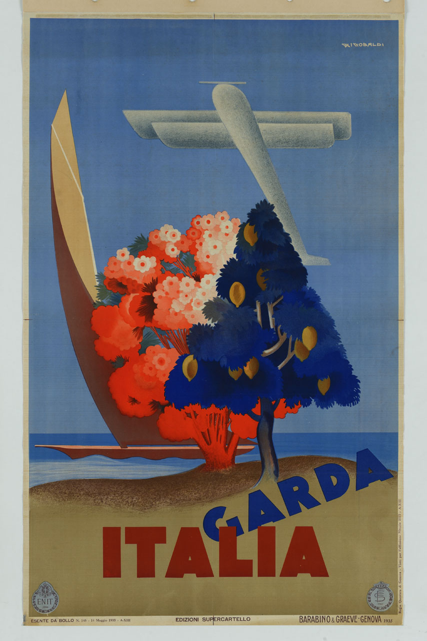 piante sulla riva del lago con barca a vela e aeroplano (manifesto) di Riccobaldi Del Bava Giuseppe (sec. XX)