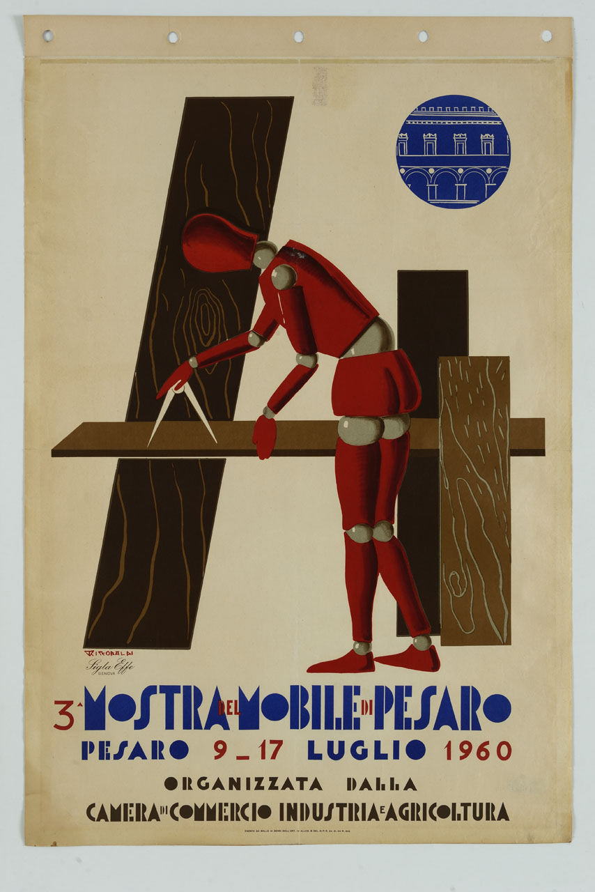 manichino costruisce un mobile con assi di legno (manifesto) di Riccobaldi Del Bava Giuseppe (sec. XX)