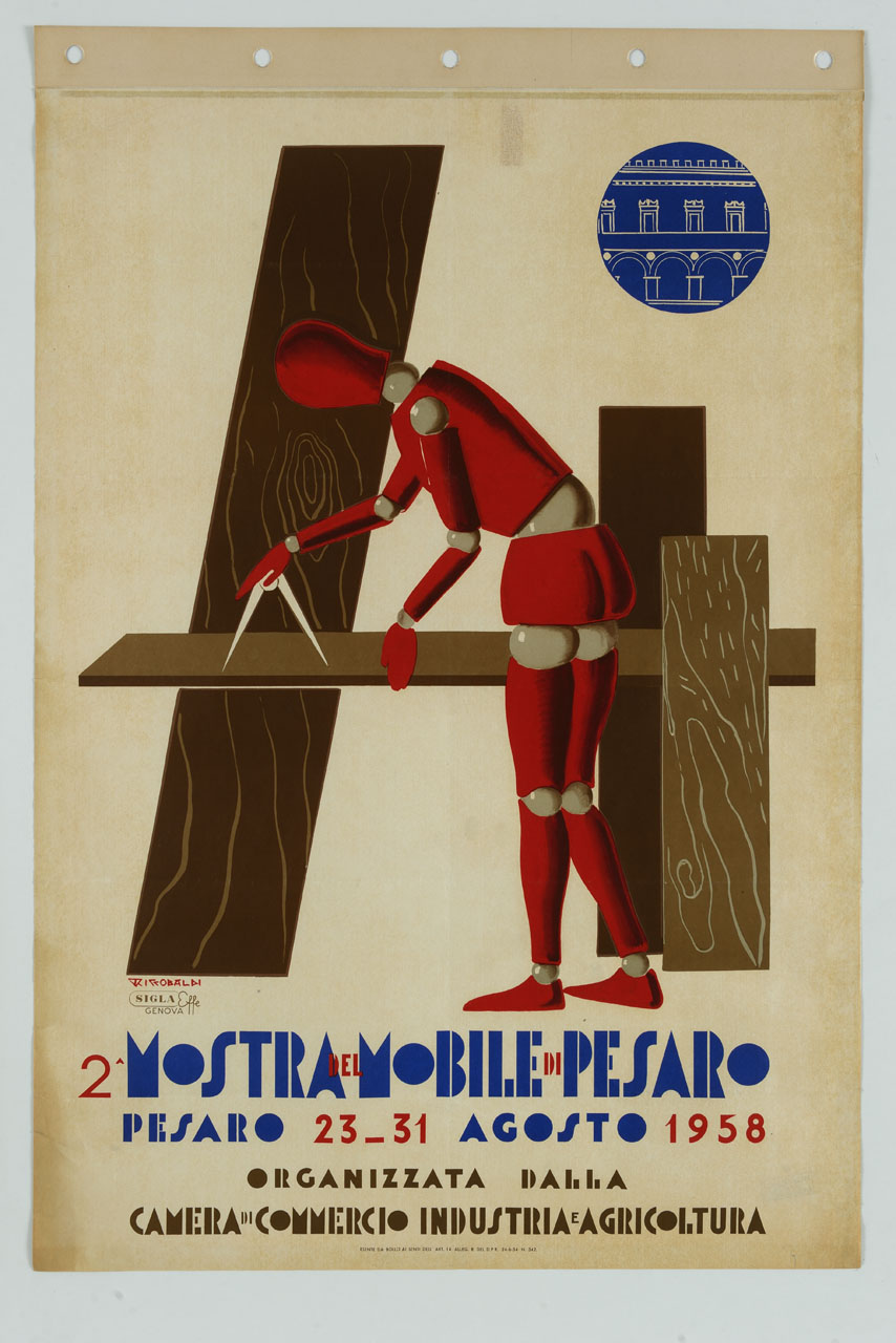 manichino costruisce un mobile con assi di legno (manifesto) di Riccobaldi Del Bava Giuseppe (sec. XX)