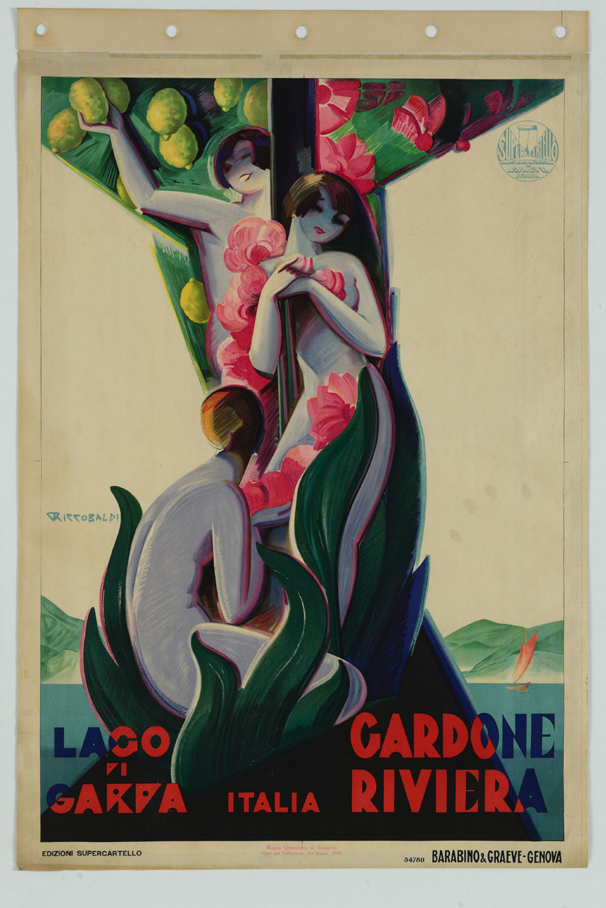 paesaggio lacustre e figure femminile avvinte a piante (manifesto) di Riccobaldi Del Bava Giuseppe (sec. XX)