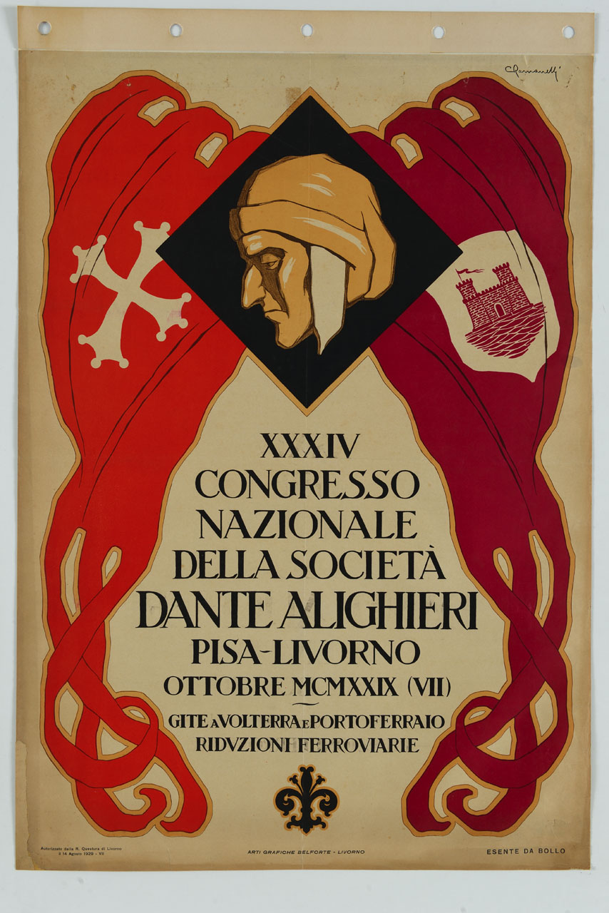 vessilli delle città di Pisa e Livorno e volto di Dante Alighieri (manifesto) di Romanelli Carlo detto Cri (sec. XX)