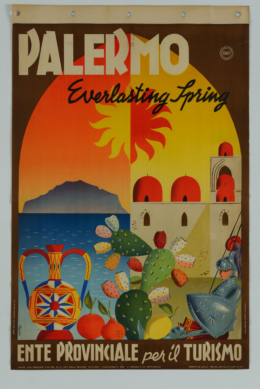 fichi d'India e agrumi tra vaso e pupo sullo sfondo di una veduta marina e della Chiesa di San Giovanni degli Eremiti (manifesto) di Studio Artass Croce (sec. XX)