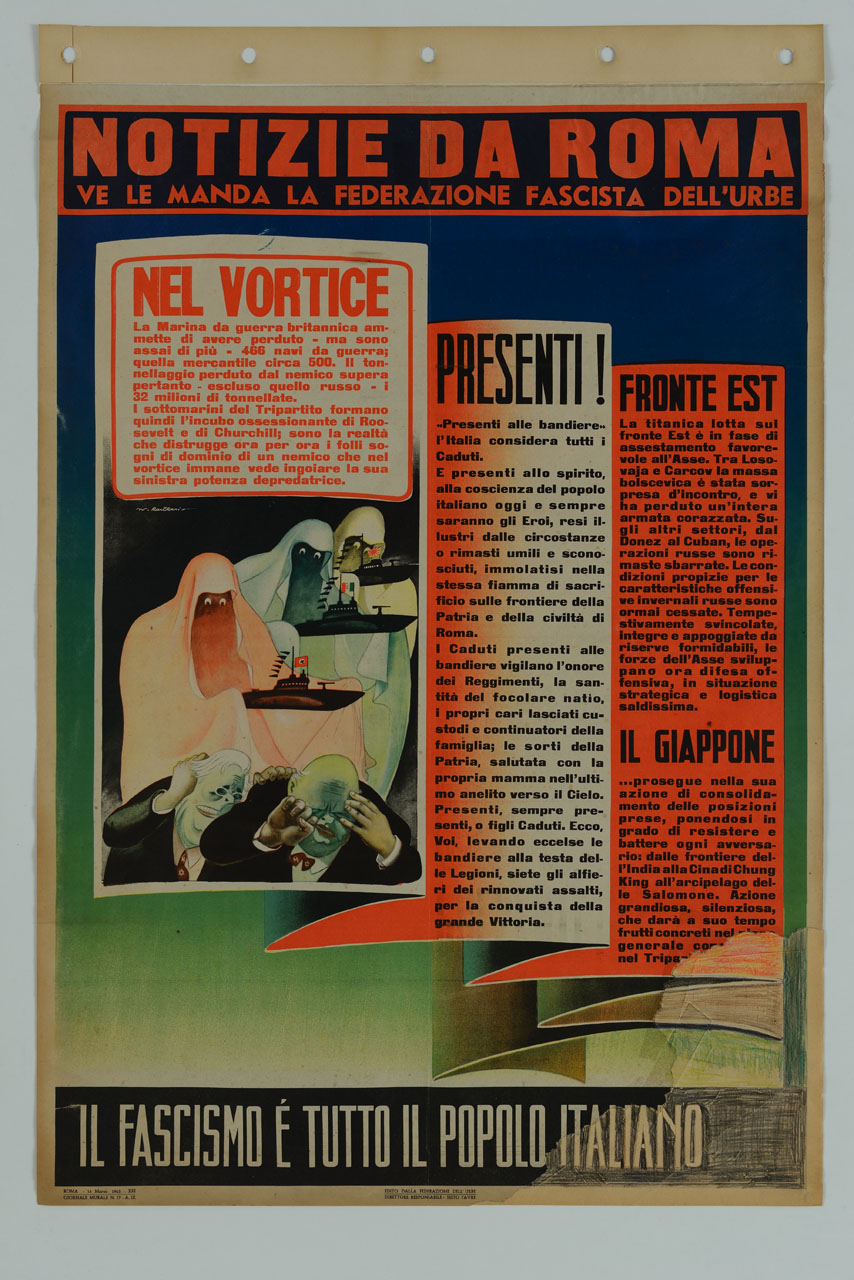 giornale murale con vignetta satirica raffigurante Winston Churchill e Franklin Delano Roosevelt (manifesto) di Roveroni Walter - ambito italiano (sec. XX)