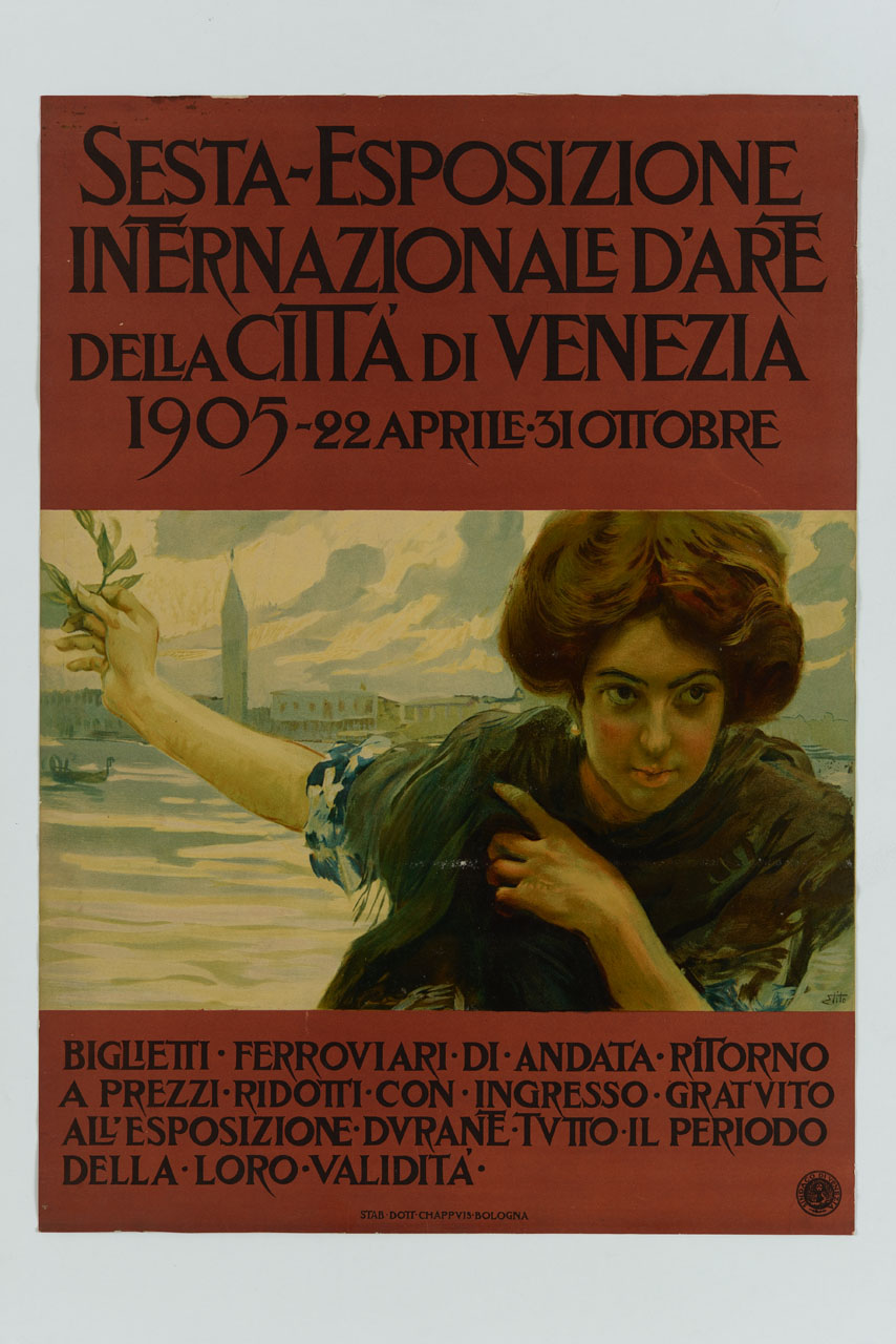 figura femminile con corona di alloro sullo sfondo di Venezia (manifesto) di Tito Ettore (sec. XX)