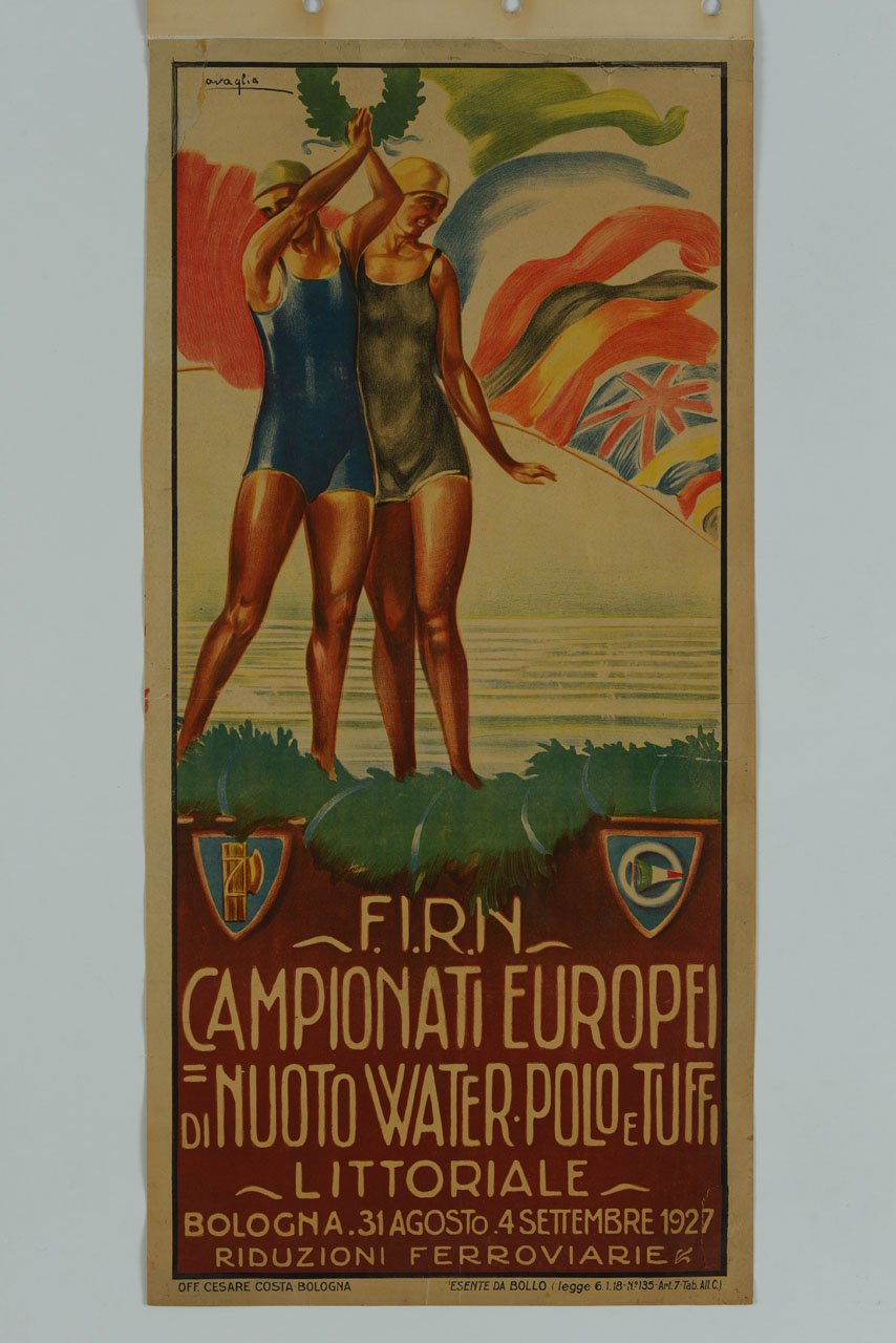 due nuotatrici con corona di alloro e bandiere mondiali (manifesto) di Ravaglia Attilio Piero Antonio (sec. XX)