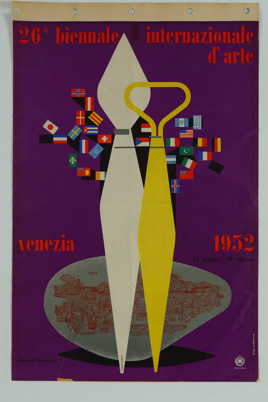 pennello e miretta stilizzati con bandiere e veduta di Venezia a stampa (manifesto) di Carboni Erberto detto Lince, Studio Alma (sec. XX)
