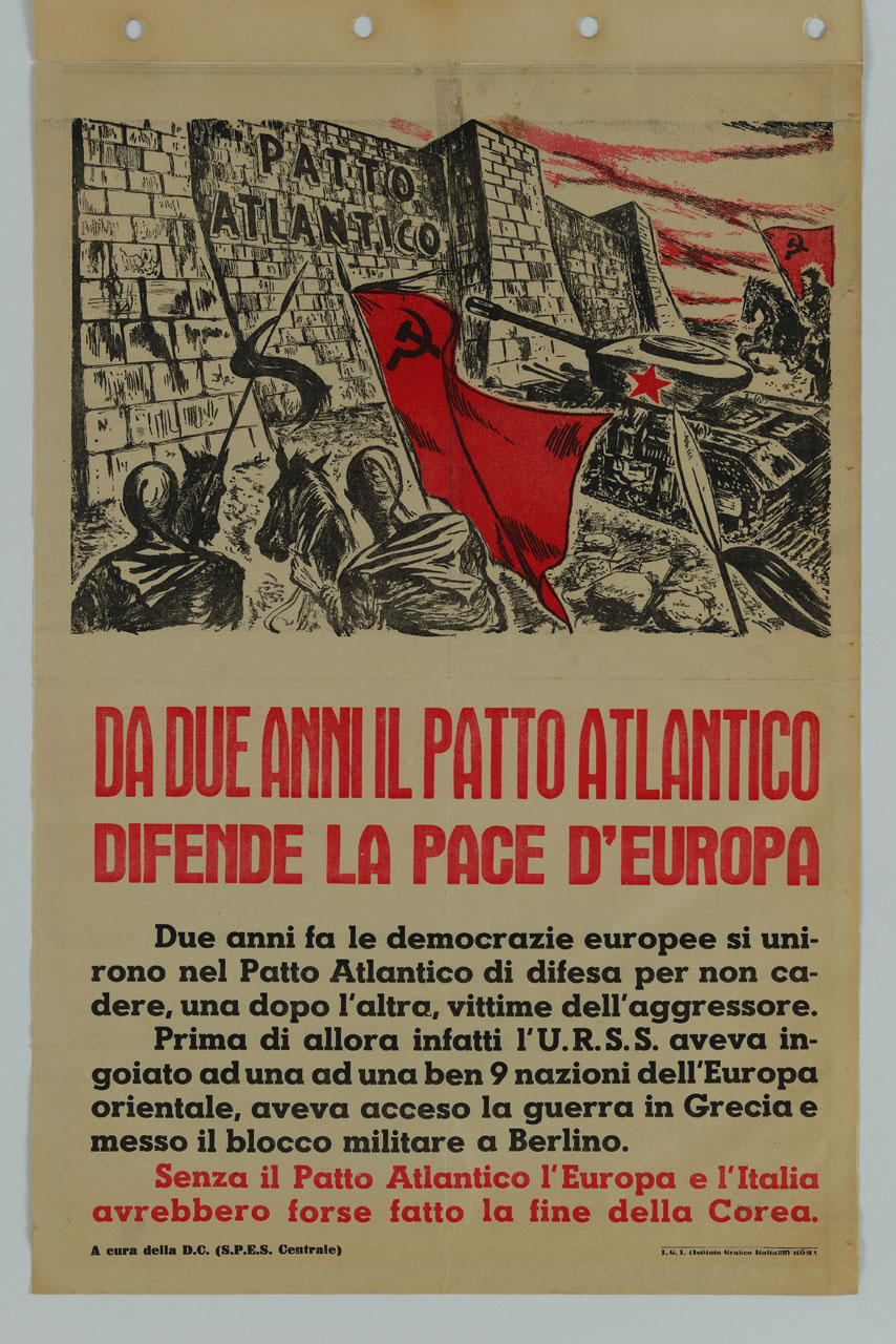 cinta muraria attaccata da carro armato e soldati russi (manifesto) - ambito italiano (sec. XX)
