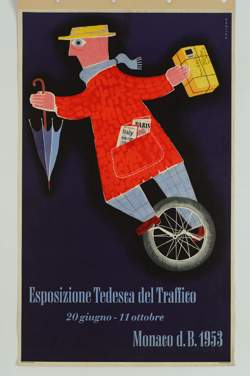 uomo su un monociclo con ombrello e pacco postale (manifesto) di Andrian Dieter von (sec. XX)