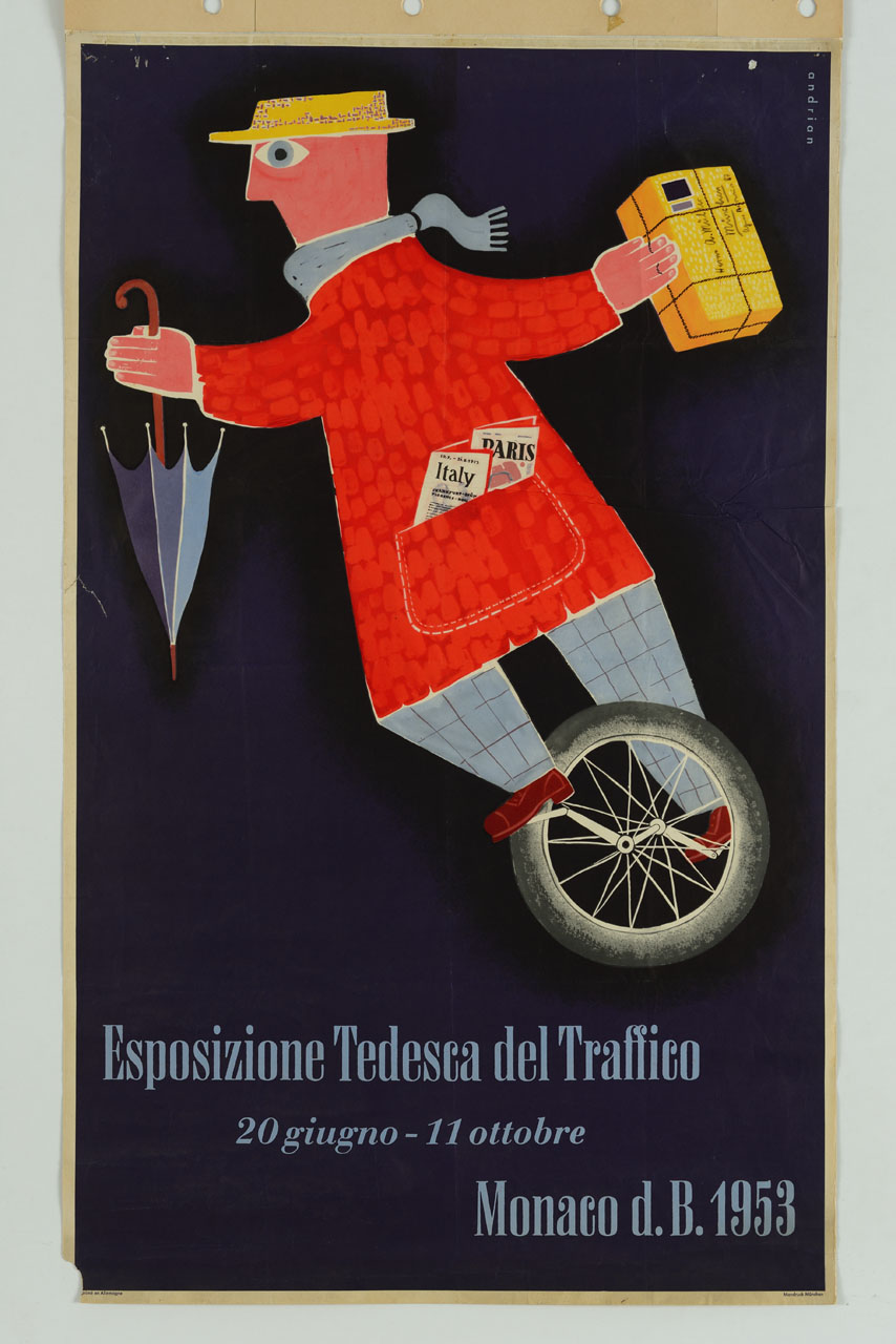 uomo su un monociclo con ombrello e pacco postale (manifesto) di Andrian Dieter von (sec. XX)