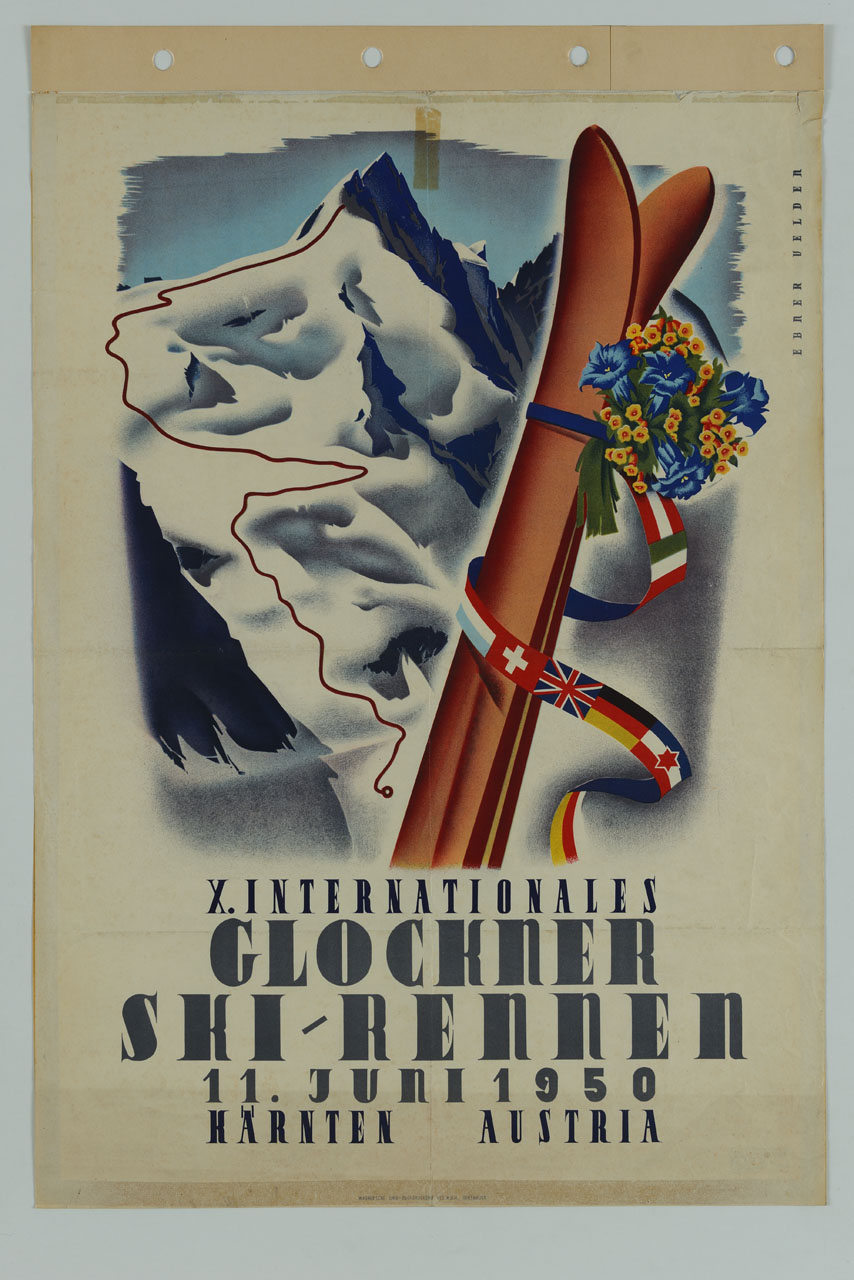 montagna con un paio di sci uniti da un nastro con bandiere mondiali e mazzetto di fiori (manifesto) di Ebner Heinrich (sec. XX)