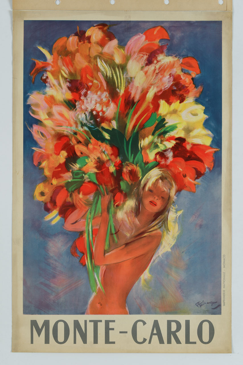 giovane donna solleva in alto un grande mazzo di fiori (manifesto) di Domergue Jean-Gabriel (sec. XX)