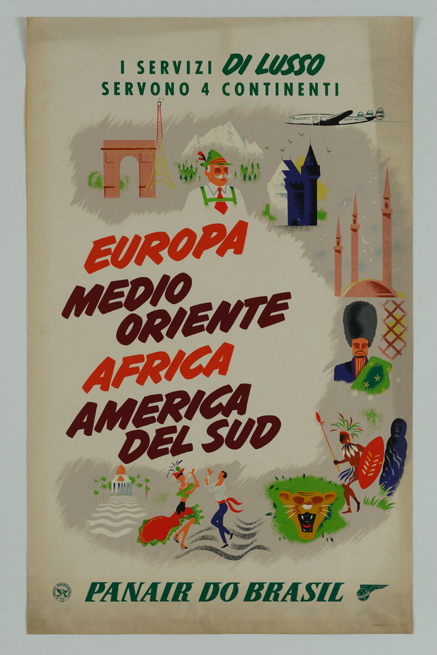 aeroplano ed elementi rappresentativi dei vari continenti (manifesto) - ambito America settentrionale (metà sec. XX)